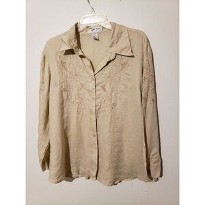 Judith Hart 100% linen, embroidered floral, long sleeve blouse, size 16